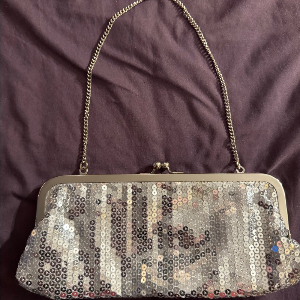 Ann Taylor Loft Silver Sequin Evening Clutch/Wristlet Bag
